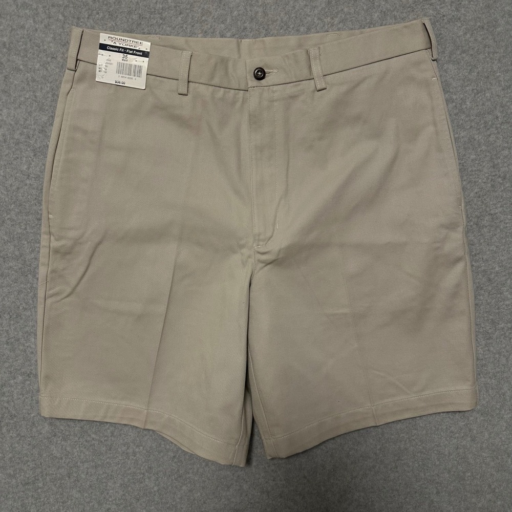 VTG Roundtree & Yorke Chino Shorts Mens 35 Khaki Flat Front Twill NWT